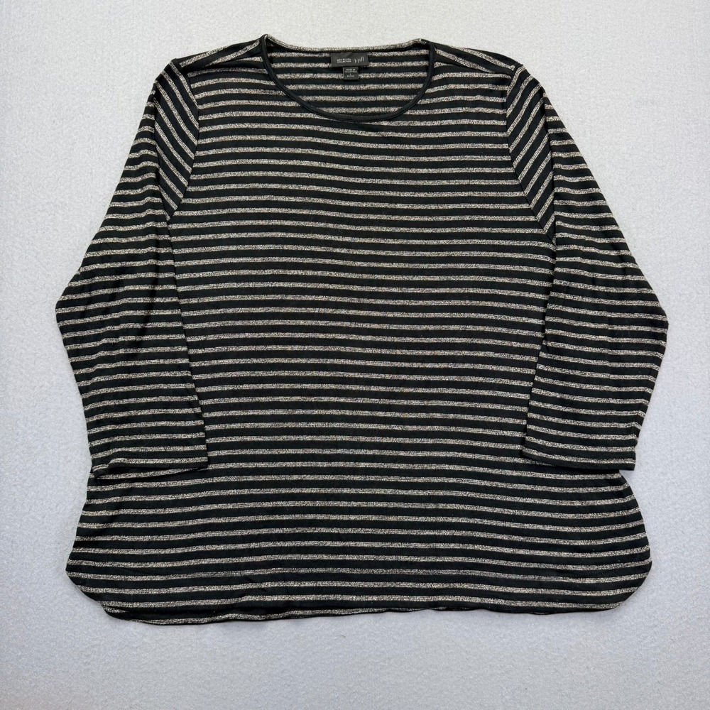 J Jill Wearever Black Gold Metallic Striped 3/4 Sleeve Top Petite Large L P